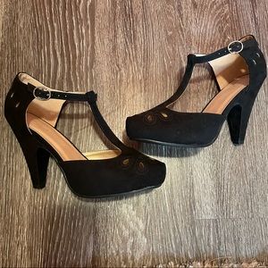 Retro Black Velvet T-Strap Heels